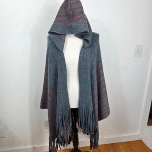 Janice Hooded Poncho Cape Gray Red Stripe‎ Fringe Cozy Wrap